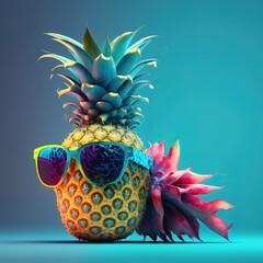 Summer in the party. Hipster Pineapple Fashion in sunglass and music bright beautiful color in holiday, Creative art fruit for tropical style on the beach vibes, blue background. Fashion Summer