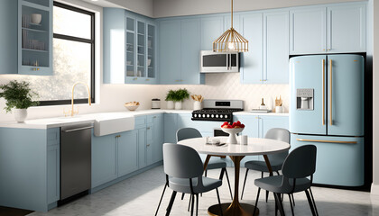 Modern kitchen featuring light blue flat front cabinets paired with white quartz countertops, dining table and furniture