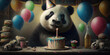 portrait of a panda at his birthday party with party hat and has a wild cake with candles, wearing a party hat, balloons and confetti.
