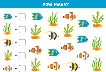 Counting game with cartoon sea fish. Math worksheet.