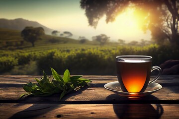 tea cup and tea leaf on wooden table in the morning time. Generative AI