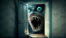 Open Door With A Monster's Mouth Coming Out Of It, Creepy Concept And Mental Disorder