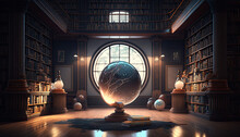 Room Filled With Lots Of Books And A Large Window, Realistic And Conceptual Illustration, Usable For Marketing And Advertising