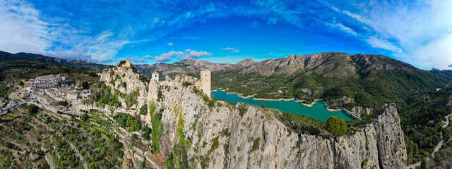 Aerial view above the beautiful village of El Castell de Guadalest in southern Spain. One of the Pueblos mad Bonitos de Espana