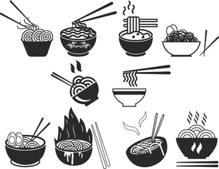noodles in bowl with chopsticks icon set, food icon set black vector