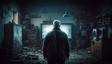Man In A Dark Room Looking At A Television, Realistic And Conceptual Illustration, Usable For Marketing And Advertising