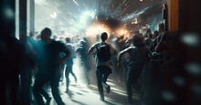Group Of People Walking Down A Hallway, Riot And Explosion Concept, Terrorism Illustration