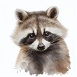 Portrait of a cute baby raccoon, watercolor illustration