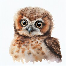 Portrait Of A Cute Owlet, Watercolor Illustration