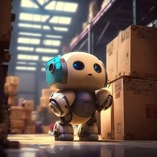 Cute Robot Character Working In Shipping Warehouse Brown Cardboard Box Black Eyes Little Wondering Face Chip Smart Hangar Stand Droid Android Generative AI