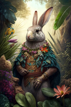 Bunny Hybrid Monarch Of The Jungle: Easter Theme And Lush Jungle Background - Generative Ai