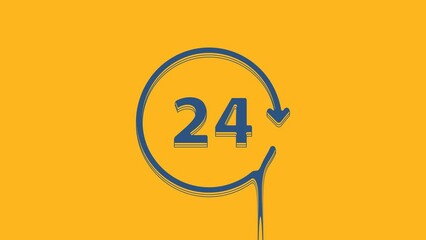 Sticker - Blue Clock 24 hours icon isolated on orange background. All day cyclic icon. 24 hours service symbol. 4K Video motion graphic animation