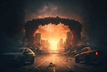 Man In The Face Of The End Of The World. Apocalyptic Epic Scene, Spectacle, Dark Cold Colors Prevail, City Destruction, High Resolution, Art, Generative Artificial Intelligence