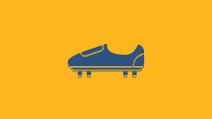 Canvas Print - Blue Soccer or football shoes with spikes icon isolated on orange background. American football boot. 4K Video motion graphic animation