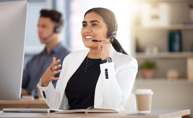 Aufkleber - Woman, call center and computer with headset consulting in telemarketing, customer service or support at office. Happy female consultant talking on mic sitting by desktop PC in contact us for sales