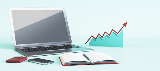 Empty laptop computer monitor, supplies and creative colorful business chart on workplace desktop. Analytics, workplace and software development concept. Mock up, 3D Rendering.