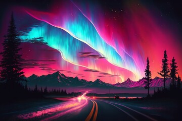 colorful northern light illustration. neon aurora borealis. bright neon polar lights landscape. gene