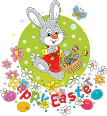 Wall Mural - Easter card with a happy little bunny walking with a wicker basket full of painted gift eggs on a pretty spring lawn with colorful flowers and a merrily fluttering butterfly, vector cartoon