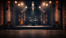 Generative AI Of A Concert Stage With A Drum Set And Chairs