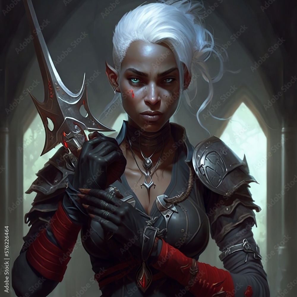A Female Dark Elf Rogue with Green Eyes and White Hair Wearing Leather ...