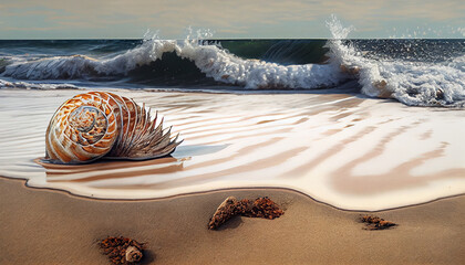 Caracola en primer plano en la orilla de la playa bañada por las olas que rompen en la arena.