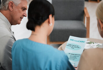 Wall Mural - Senior couple, doctor and nurse document pamphlet for hospital and health paperwork. Woman, retirement conversation and nursing home advertisement in a wellness clinic with healthcare data