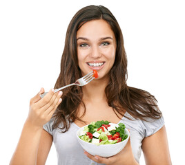 Beautiful excited diet-conscious female model eating healthy, nutritious salad as a healthy food lifestyle for wellness and strict diet isolated on png background.