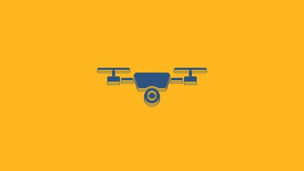 Sticker - Blue Drone flying with action video camera icon isolated on orange background. Quadrocopter with video and photo camera symbol. 4K Video motion graphic animation