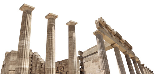 Ancient Greek antique temple facade stone ruins and columns isolated