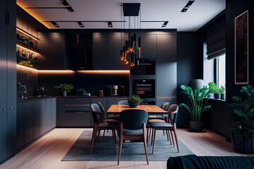 an ultra modern, spacious apartment with a trendy luxury kitchen decor in dark hues, very cool led l