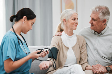 Wall Mural - Nurse, doctor or old couple with blood pressure test consulting in hospital to monitor heart wellness. Healthcare, hypertension consultation or medical physician with a happy patient for examination