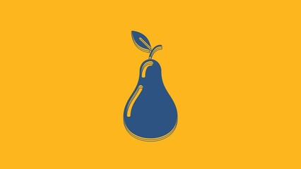 Sticker - Blue Pear icon isolated on orange background. Fruit with leaf symbol. 4K Video motion graphic animation