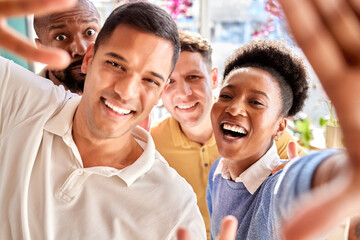 Poster - Business team, people portrait and selfie in office at creative workplace for funny team building. Happy diversity men and women staff together for company profile picture, collaboration and teamwork