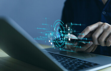 Wall Mural - businessman touching padlock icon on virtual display internet network cyber security concept