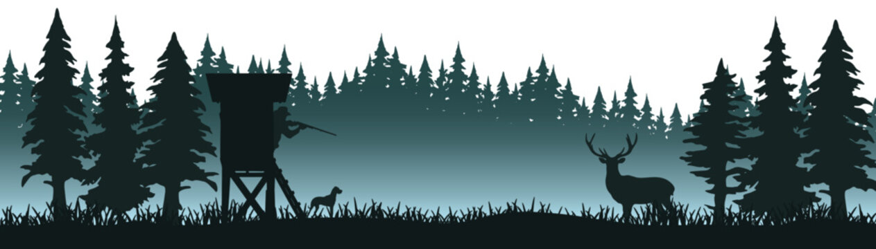 Fototapete - Wildlife forest misty fog landscape hunt hunting hobby background banner illustration vector for logo - Silhouette of hunter perch stand, deer, mountains and fir trees, isolated on white background