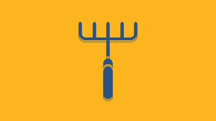 Canvas Print - Blue Garden rake icon isolated on orange background. Tool for horticulture, agriculture, farming. Ground cultivator. Housekeeping equipment. 4K Video motion graphic animation