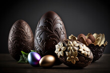 Dark Background Sets Off Easter Chocolate Eggs - Generative Ai