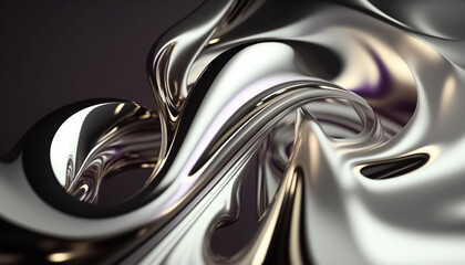 3D abstract holographic glossy reflective silver metallic wallpaper. Curve wave in motion. Texture design element for banner, background, wallpaper. generative ai
