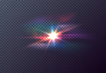 Wall Mural - Vector red front sun lens flare transparent special light effect. Abstract in motion flare blur glow glare. Isolated transparent background design element. Star flash with rays and spotlight