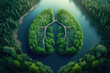Green lungs of planet Earth. A green island in a shape of lungs in the middle of a clear lake and the virgin forest. Ai generated