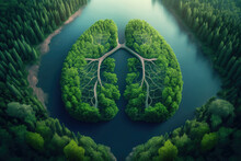 Green Lungs Of Planet Earth. A Green Island In A Shape Of Lungs In The Middle Of A Clear Lake And The Virgin Forest. Ai Generated