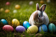 Cute Easter Bunny With Lot Of Colorful Eggs - Generative Ai