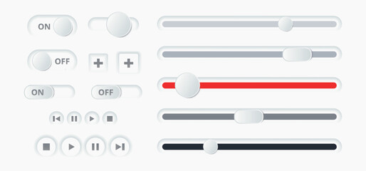 3d slider bar, vector illustration. Scrollbar volume, brightness. Panel switch control. Concept toggle scroll. User interface, play two button. Horizontal drag shape, level, scale. Loading bar