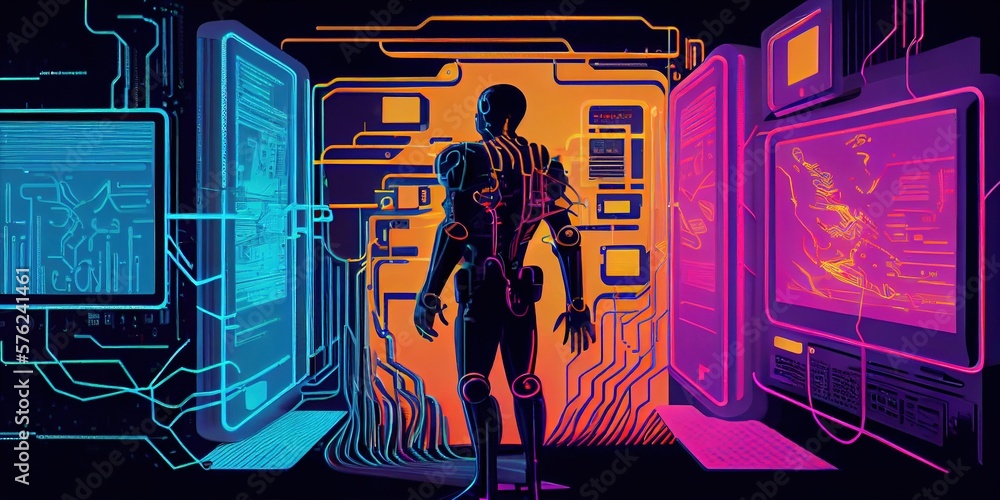 Complex machine learning AI system. Working in a room full of interconnected devices with a user interface. Bright colors and lines of code, power of the system. Generative AI