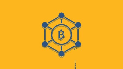 Sticker - Blue Blockchain technology Bitcoin icon isolated on orange background. Abstract geometric block chain network technology business. 4K Video motion graphic animation