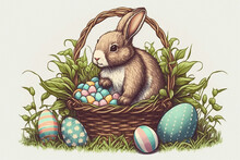 Vintage Easter Illustration. Easter Bunny Sits In Wicker Basket With Colourful Eggs. AI Generative.