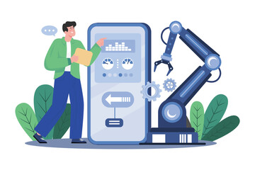 production automation with mobile app illustration concept mobile white background