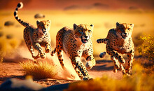 A Pride Of Cheetahs Sprinting Across The Savanna