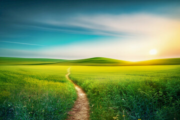 Aufkleber - Picturesque winding path through a green grass field in hilly area in morning at dawn against blue sky with clouds. Natural panoramic spring summer landscape.