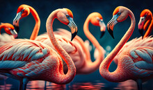A Flock Of Flamingos Standing In Shallow Water
